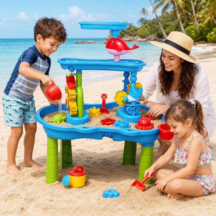 3-Stufiger Sand- und Wasser-Spieltisch für Kleinkinder, Wasserspieltisch Outdoor mit Regen-Effekt &amp;
