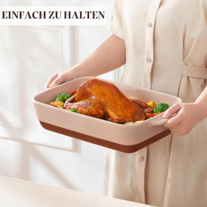 MALACASA, Serie TARA, Rosa Auflaufform Gross, 4.5L Backformen, Auflaufformen rechteckig aus Steingut