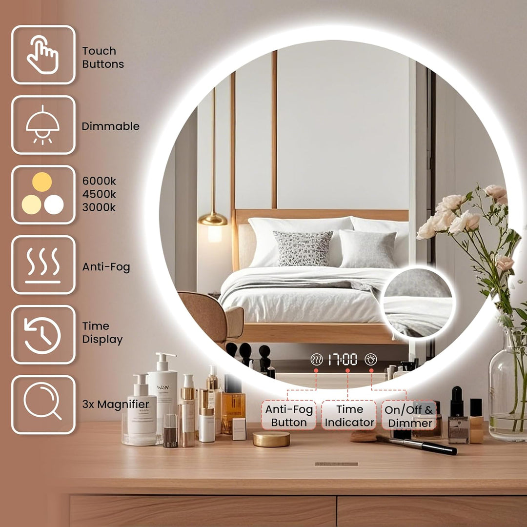 Habison Rund LED Badspiegel mit Beleuchtung 70 x 70cm LED Badezimmerspiegel Wandspiegel mit Uhrzeit