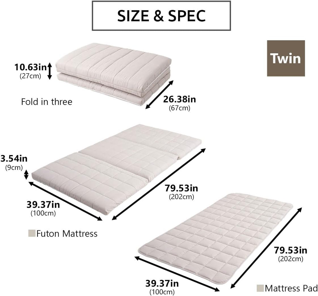 EMOOR Japanische Dreifach Gefaltete Futon-Matratze Machi mit Matratzenauflage 100 x 202 cm Grau, Zwi