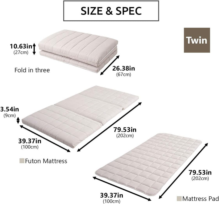 EMOOR Japanische Dreifach Gefaltete Futon-Matratze Machi mit Matratzenauflage 100 x 202 cm Grau, Zwi