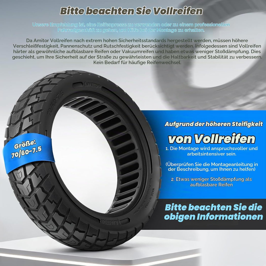 Amitor 70/60-7.5 Reifen Vollgummi Offroad für Segway ZT3 Pro/Segway-Ninebot MAX G3 Reifen E Scooter