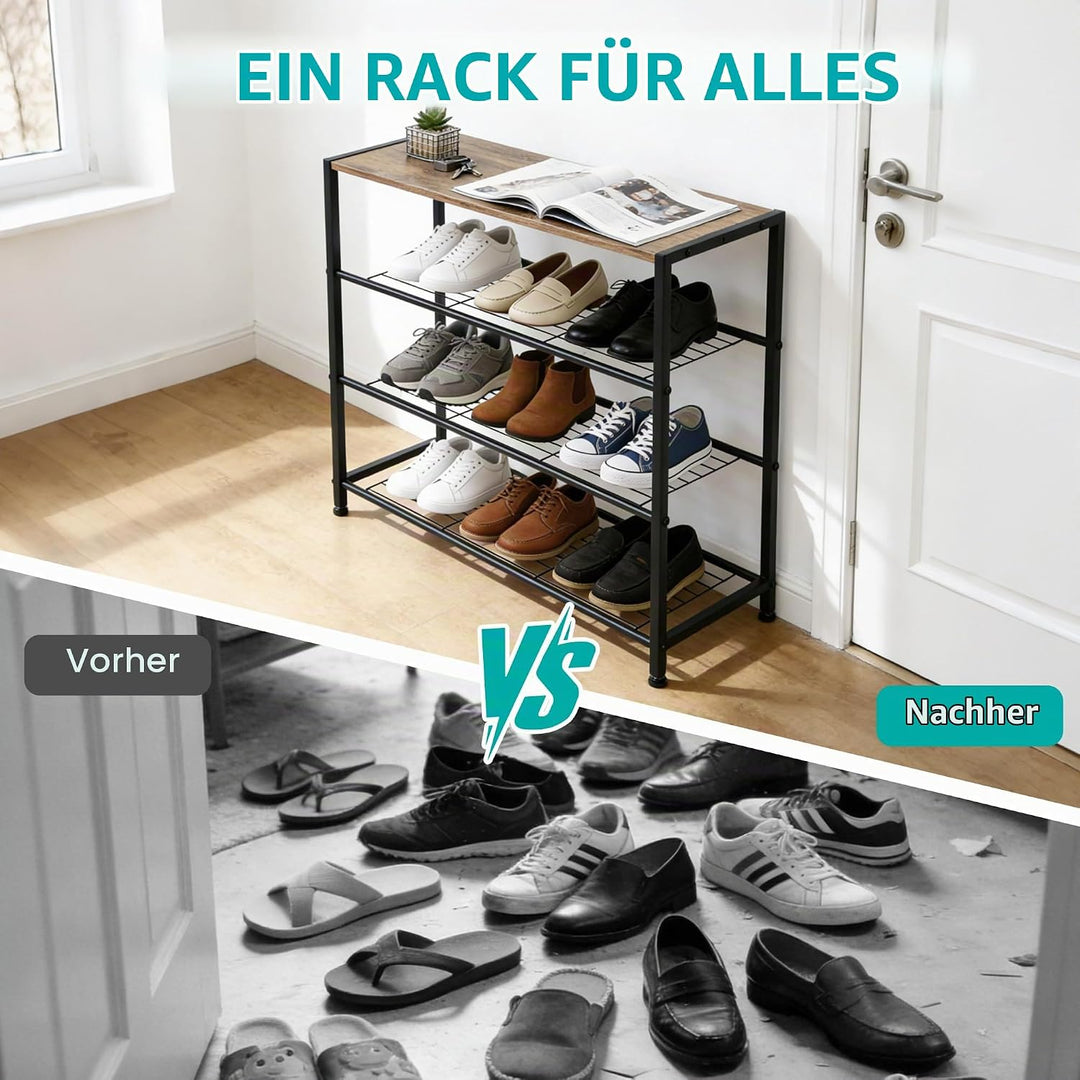 Schuhregal, Schuhregal 4 Ebenen mit Sitzgelegenheit, Metall-Schuhablage für Kleiderschrank, Flur, Ei