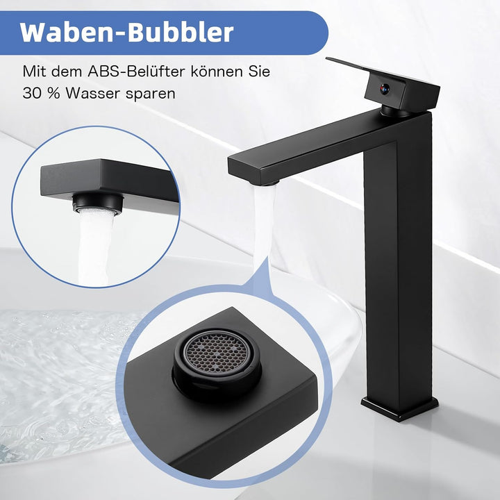 Waschtischarmatur Schwarz Hoch, BOOXELY Waschbeckenarmatur Wasserhahn Bad, Armatur Badezimmer Mischb