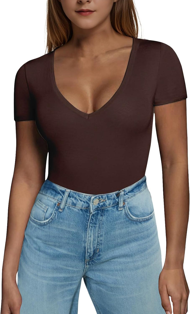 RoomTour Body Damen Elegant Kurz Bodysuit Tops Damenbody for damen Stringbody V Kragen M 1-Braun, M
