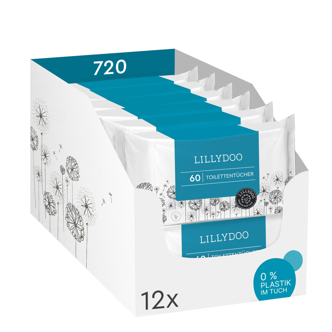 LILLYDOO Feuchte Toilettentücher, 720 Stück (12 x 60), 100% plastikfreies, spülbares Tuch, ohne Parf