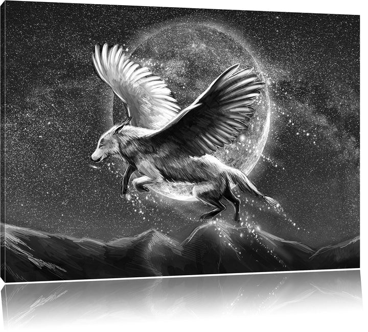 Pixxprint Wolf mit Flügeln Kunst B&W / 100x70cm Leinwandbild bespannt auf Holzrahmen/Wandbild Kunstd