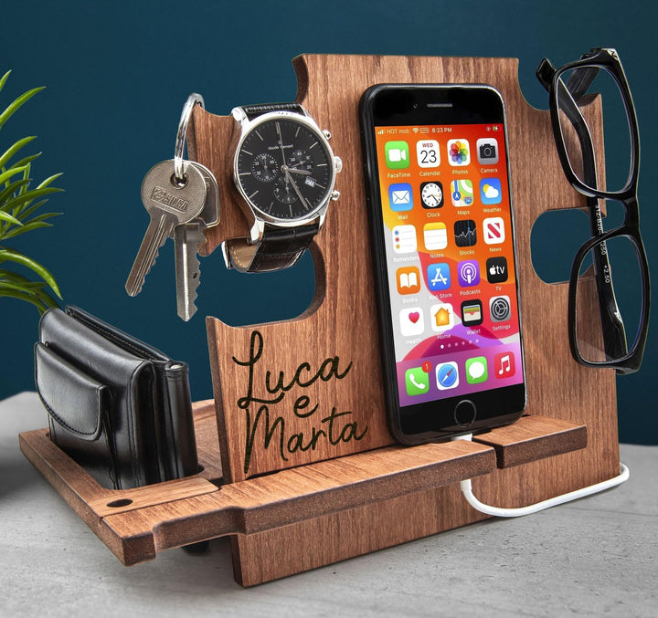 Dockingstation aus Holz, Schreibtischorganisator, Aufbewahrungshalter - Geschenkidee für Männer, Wei
