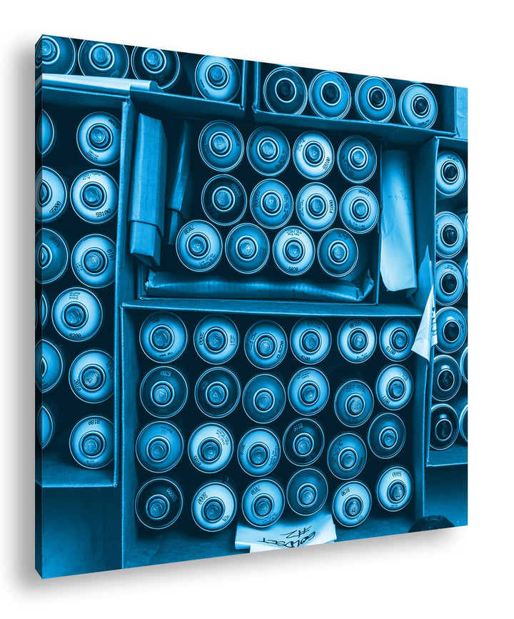 deyoli Kisten voller Graffiti Spraydosen Format: 70x70 Effekt: Monocrome Blau als Leinwandbild, Moti