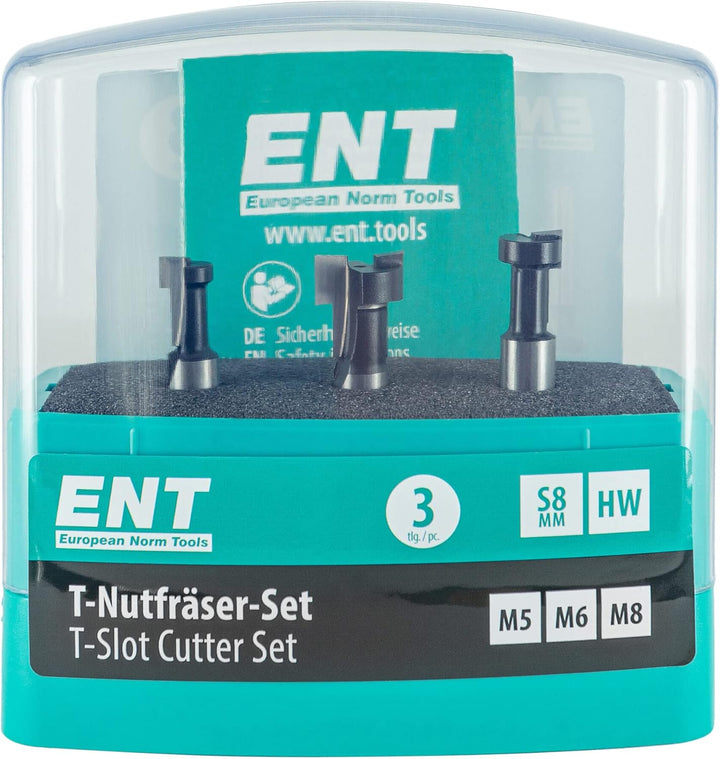 ENT 09003 3-tlg. HW T-Nutfräser-Set optimiert für M5 M6 und M8 Schrauben, HW, Schaft (S) 8 mm - Nute