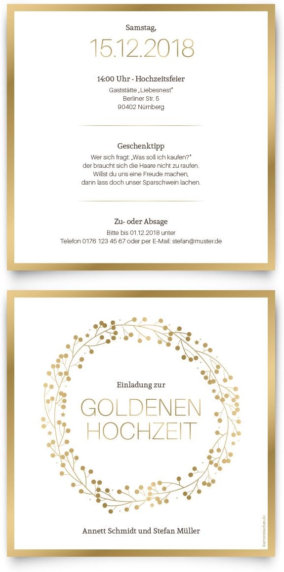 10 x Goldene Hochzeit Einladungskarten Goldhochzeit 50 Jahre Hochzeitseinladungen - Goldkranz 10 Stü