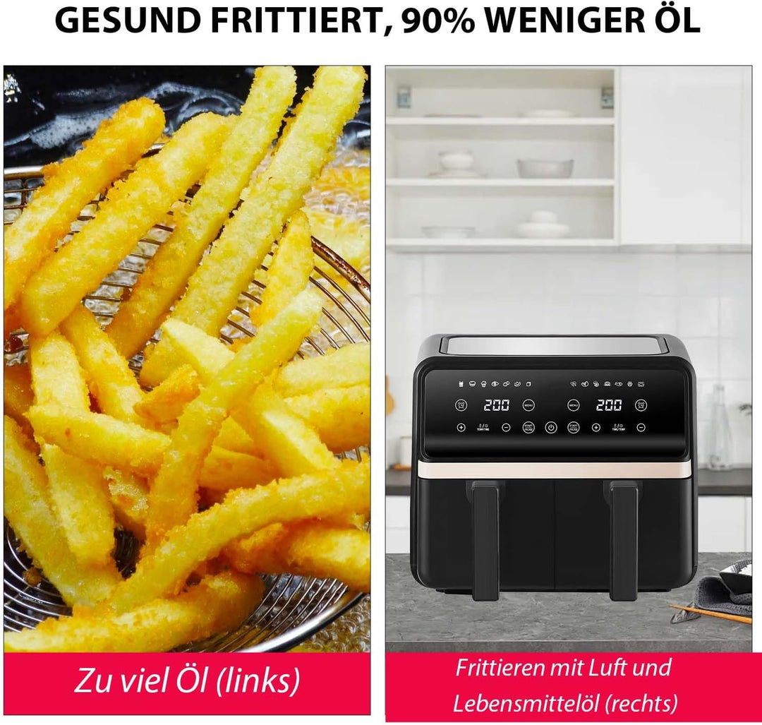 Heissluftfritteuse 2 kammern mit Sichtfenster, 8L Airfryer, 2 Fächer, 12-in-1, Touchscreen, Spülmasc