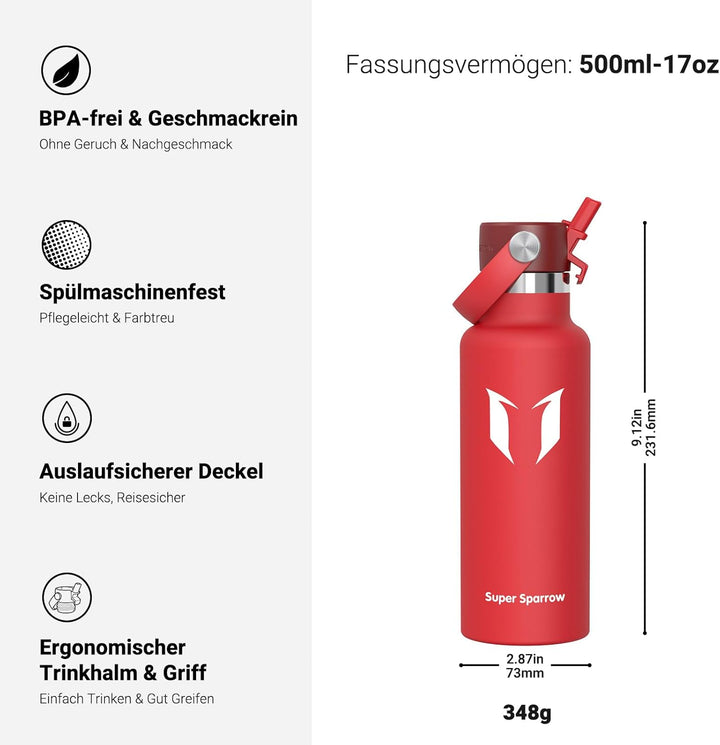 Super Sparrow Trinkflasche Edelstahl - Thermobecher - 350ml, 500ml, 750ml, 1L, 1.2L - FlipFlow Trink
