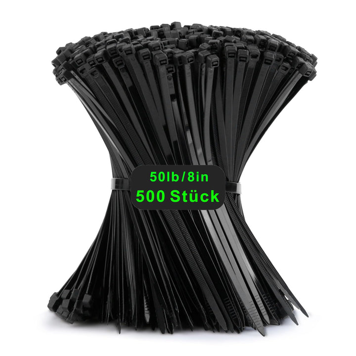 500 Stück Kabelbinder Schwarz, 200mm x 4,8mm Nylonbinder, Cable Ties Zugfestigkeit mit 22 kg, Uv Bes