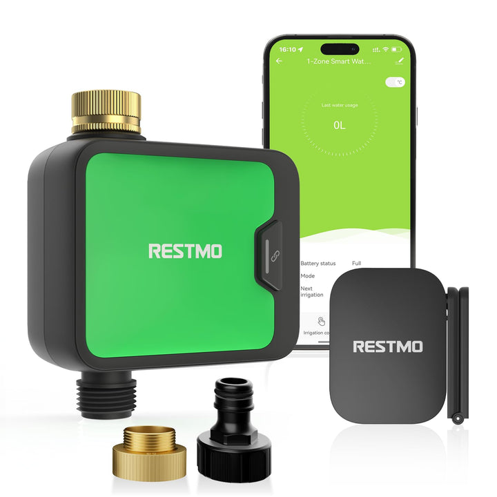 RESTMO 1 Zone Bewässerungscomputer WLAN + RF Hub mit Durchflussmesser, Automatische Garten Bewässeru