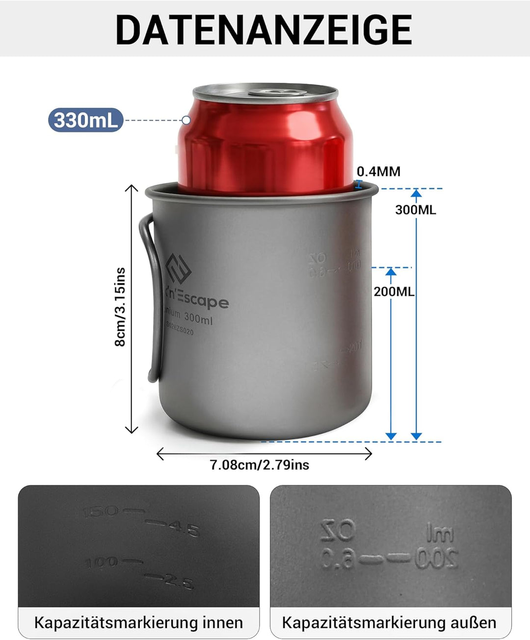 COOK'N'ESCAPE Titan 300ml Camping Tasse Becher Open Fire Kochausrüstung mit faltbaren Griffen für Ou
