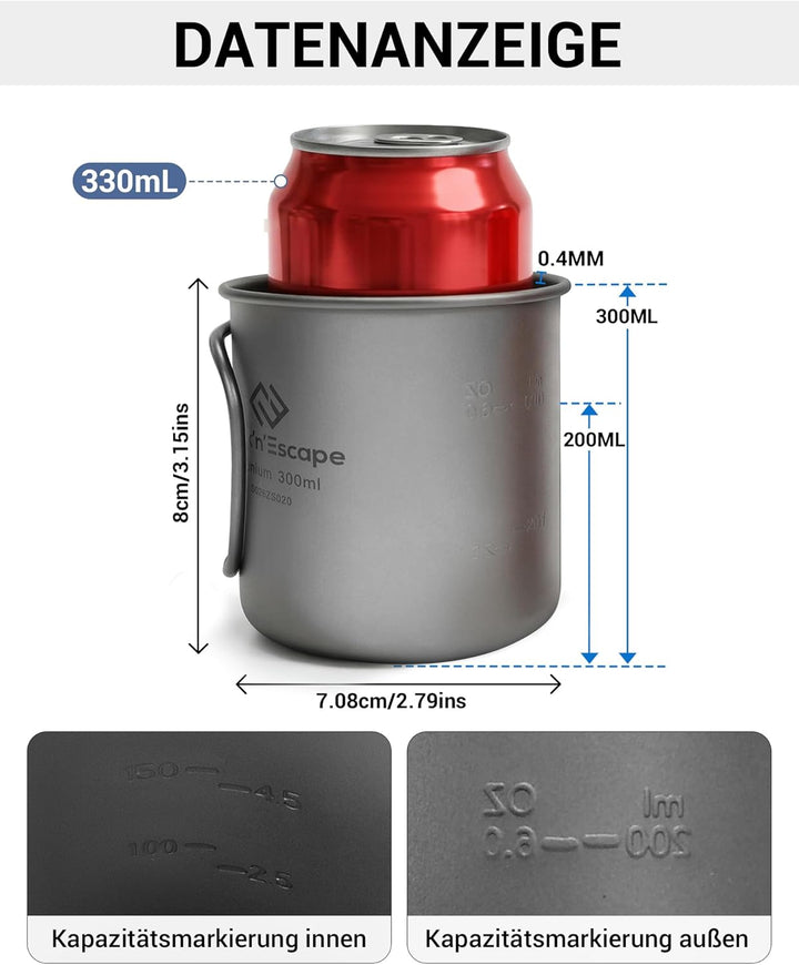 COOK'N'ESCAPE Titan 300ml Camping Tasse Becher Open Fire Kochausrüstung mit faltbaren Griffen für Ou