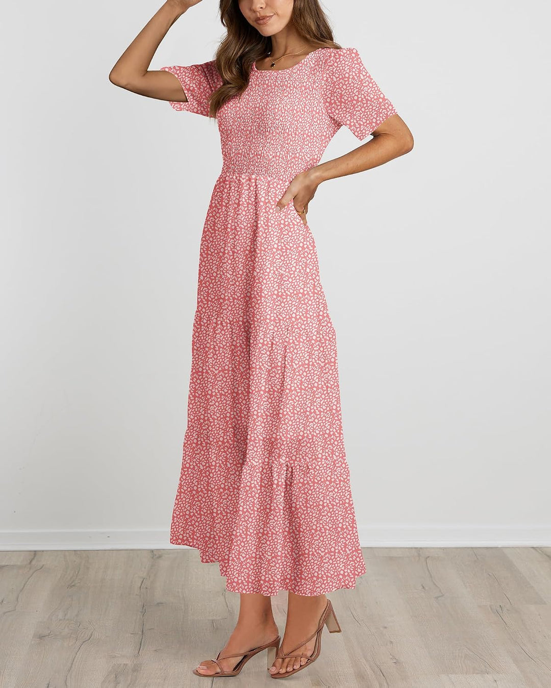 BTFBM Lässiges Sommerkleid für Damen, kurzärmelig, mit Rundhalsausschnitt, Boho-Stil, mit Blumendruc