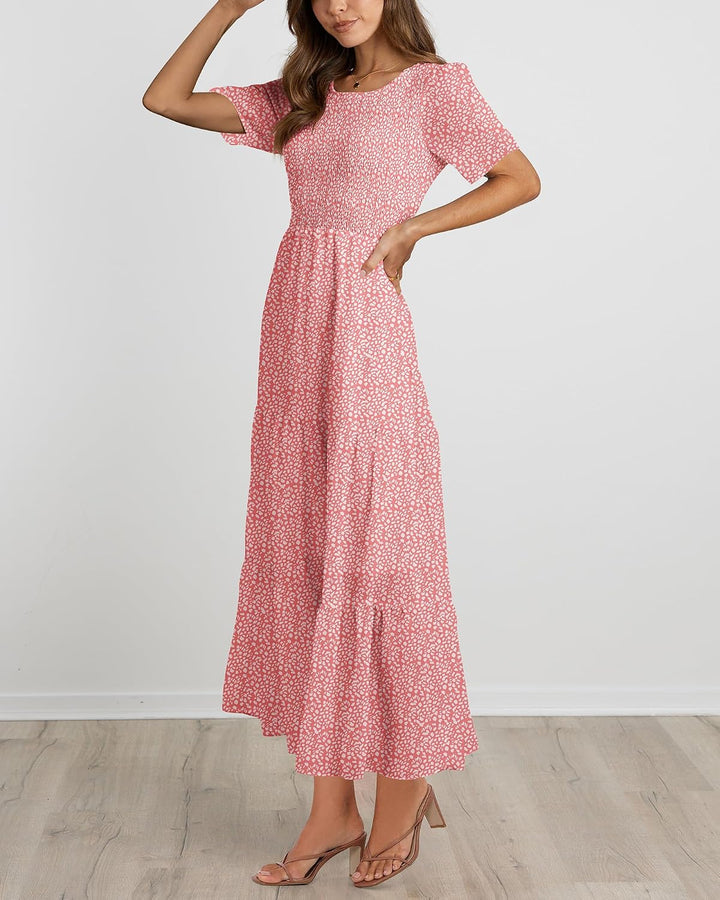 BTFBM Lässiges Sommerkleid für Damen, kurzärmelig, mit Rundhalsausschnitt, Boho-Stil, mit Blumendruc