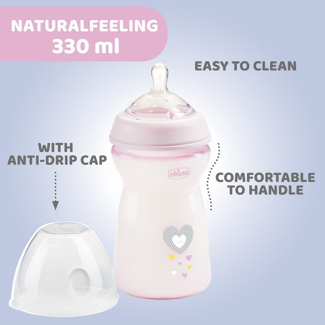 Chicco Natural Feeling Anti-Kolik Babyflasche 6+ Monate, 2 Stück, 330 ml, Babyfläschchen mit Weichem