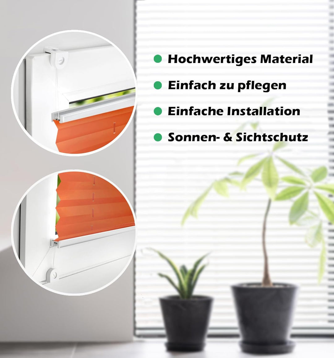 Domdeco Plissee 95x120cm Orange mit weiss lackierten Alu-Profilen, KlemmFix-Halterung zur Montage oh