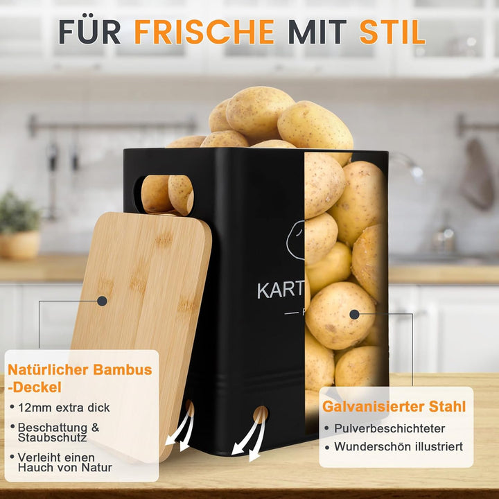 Kartoffel Aufbewahrungsbox, Aufbewahrung Kartoffeln Zwiebeln Knoblauch - 3er Set mit Bambusdeckel -