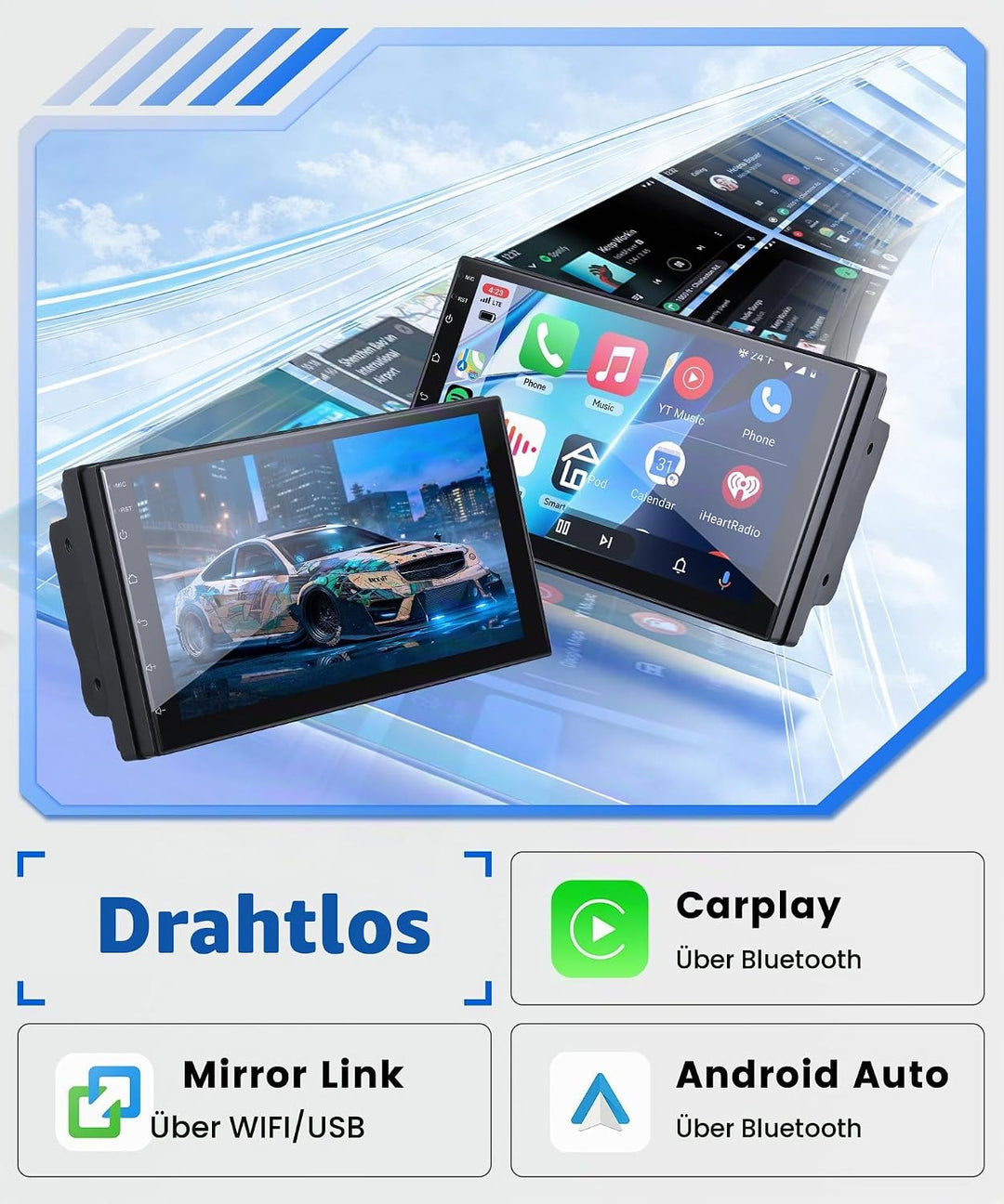 Rimoody 4G+64G Wireless Carplay Android 13 Autoradio 2 Din 7 Zoll Touchscreen Autoradio mit Android
