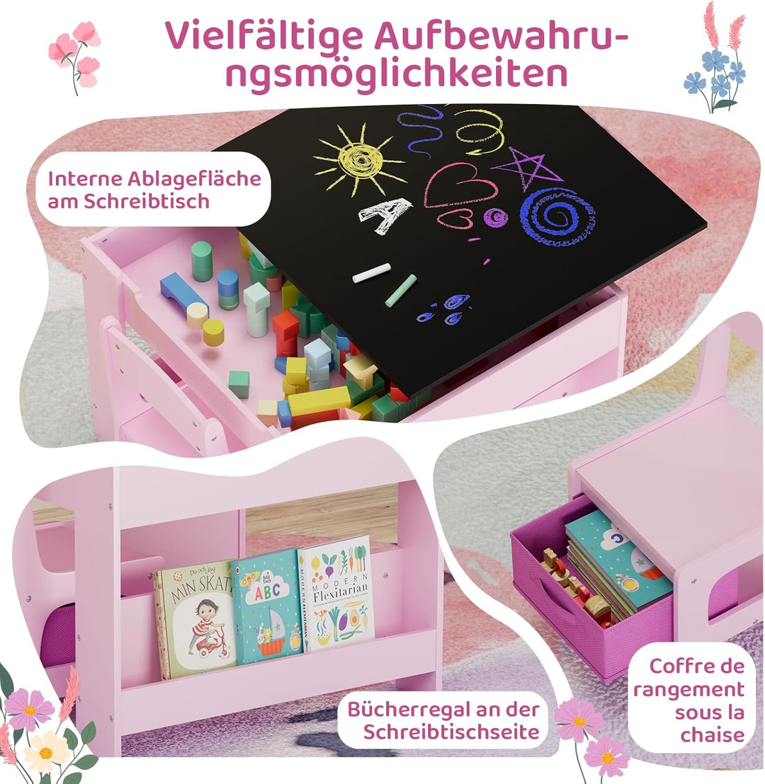 MAMIZO Kindertisch mit 2 Stühlen, 3 in 1 Kinder Tisch Stuhl Set, Kindermöbel Set aus Holz mit Staura