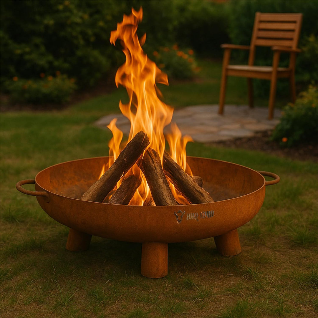 BBQ-Toro Feuerschale Ø 80 cm | Rostoptik | Outdoor Feuerstelle mit DREI Standbeinen und Zwei Griffen