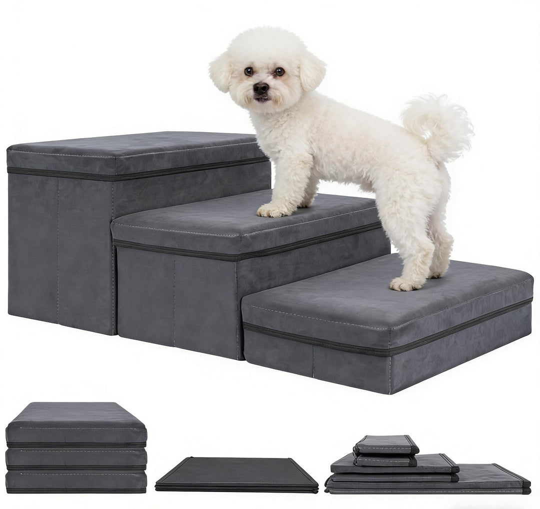 Hundetreppe mit Stauraum, 3 Stufen, faltbar, extra breite Haustierrampe, rutschfeste Hunderampe,Haus