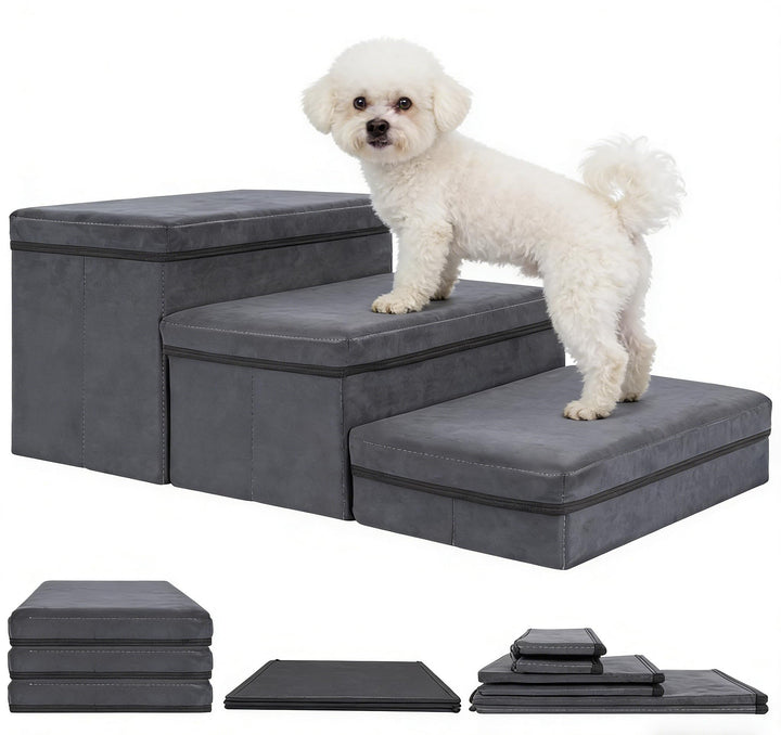 Hundetreppe mit Stauraum, 3 Stufen, faltbar, extra breite Haustierrampe, rutschfeste Hunderampe,Haus