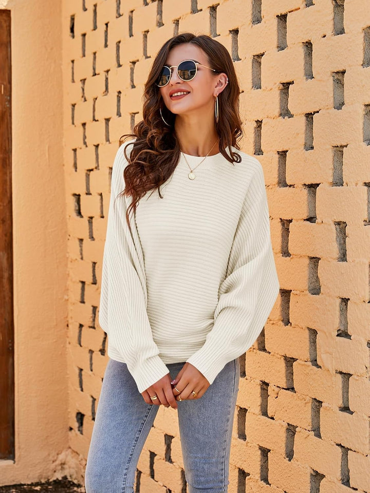 Fessceruna Damen Strickpullover Fledermausärmel Oversized Pullover Rundhalsausschnitt Winter Gerippt