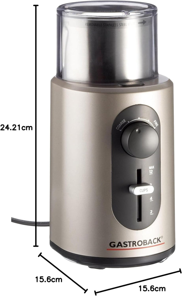 Gastroback 42601 Design Kaffeemühle Basic, Edelstahl-Schneidemesser-System, Mahlgradeinstellung mit
