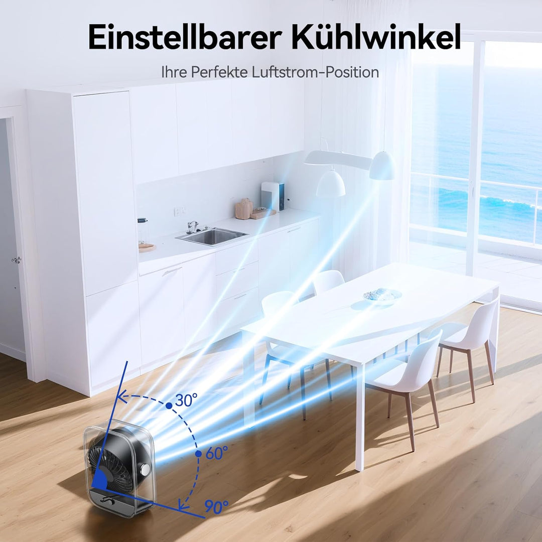 KIMMOO USB-Tischventilator Wiederaufladbar, Leiser Tischventilator mit Turbo-Luftstrom, 100 Geschwin