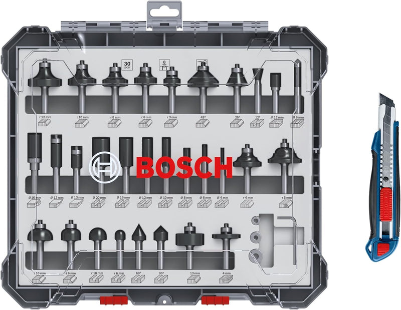 Bosch Professional 30tlg. Fräser Set mit Cuttermesser (für Holz, Ø 8 mm Schaft, Zubehör Oberfräse)