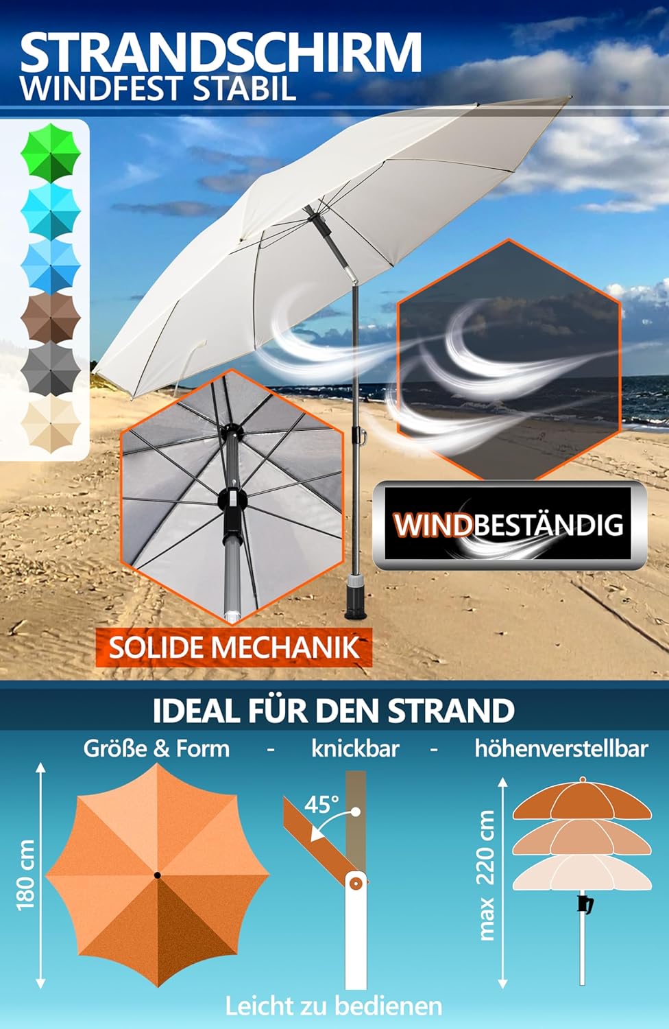 4smile Sonnenschirm Strand SunnyJoy Ø 180 cm, 3er Set - Strandschirm mit UV Schutz 50+, inkl. Sonnen