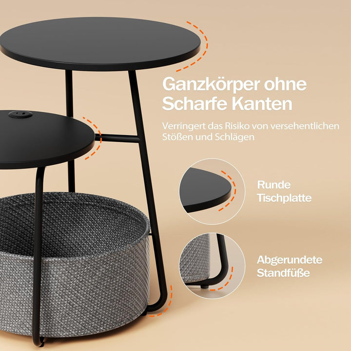 Rolanstar Beistelltisch Rund, Kleiner Tisch mit Ladestation, Runder Couchtisch mit grossem Stoffkorb