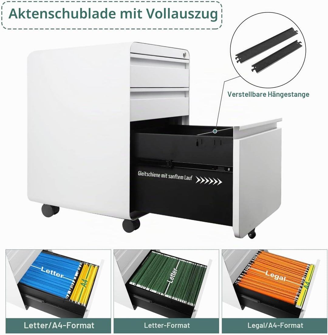 Dripex Metall Rollcontainer Stahl Rollcontainer mit 3 Schubladen und Hängeregistratur Abschliessbare