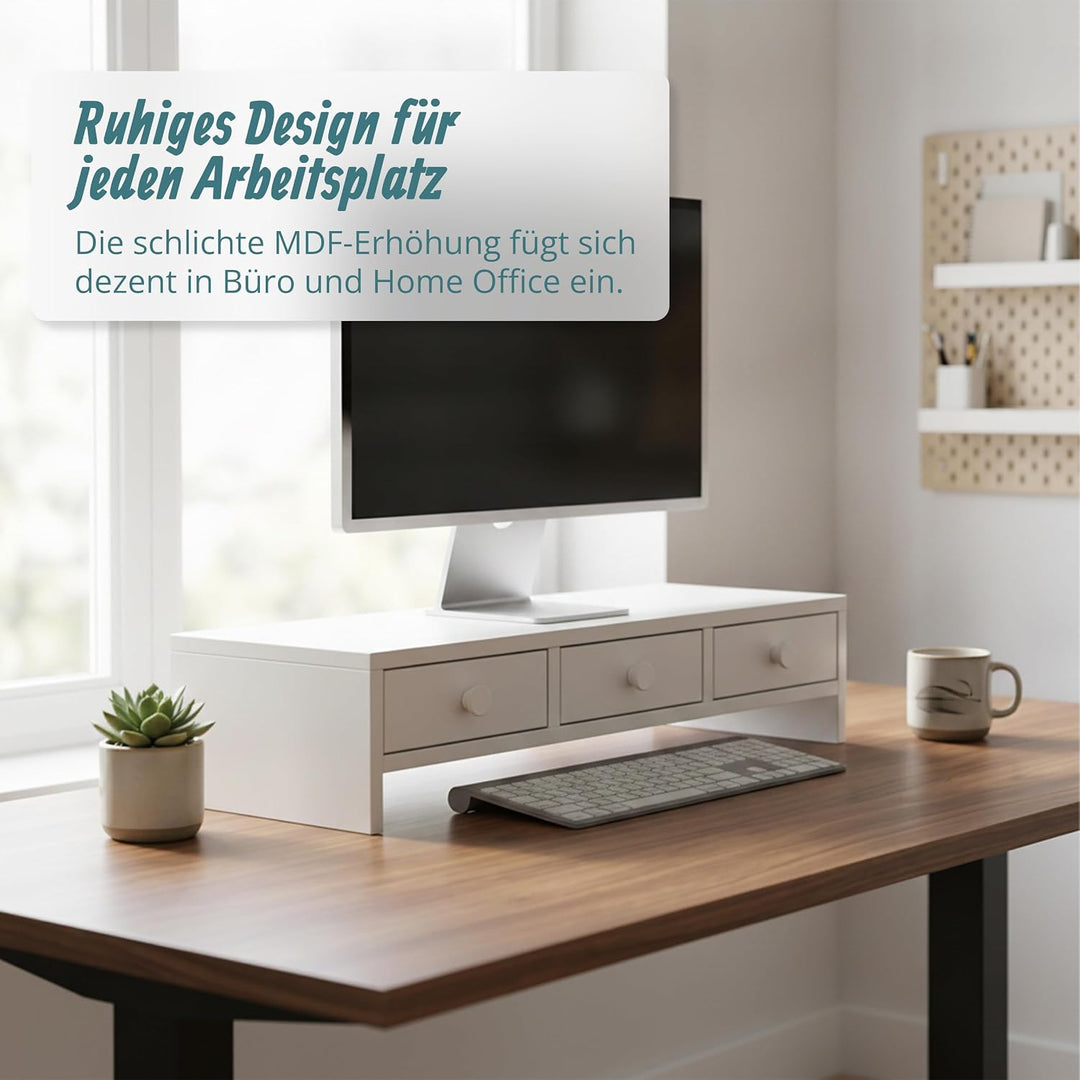 Relaxdays Monitorständer, 3 Schubladen, HxBxT: 12,5 x 51 x 24 cm, MDF, Monitorerhöhung Schreibtisch,