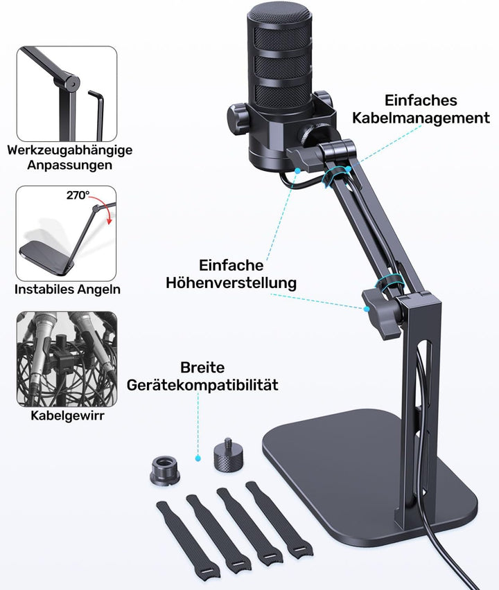 Heavy-Duty Desk Mic Stand,Studio-Arm für Mikrofone Verstellbarer Arm mit Schwerem Sockel (Maximale B
