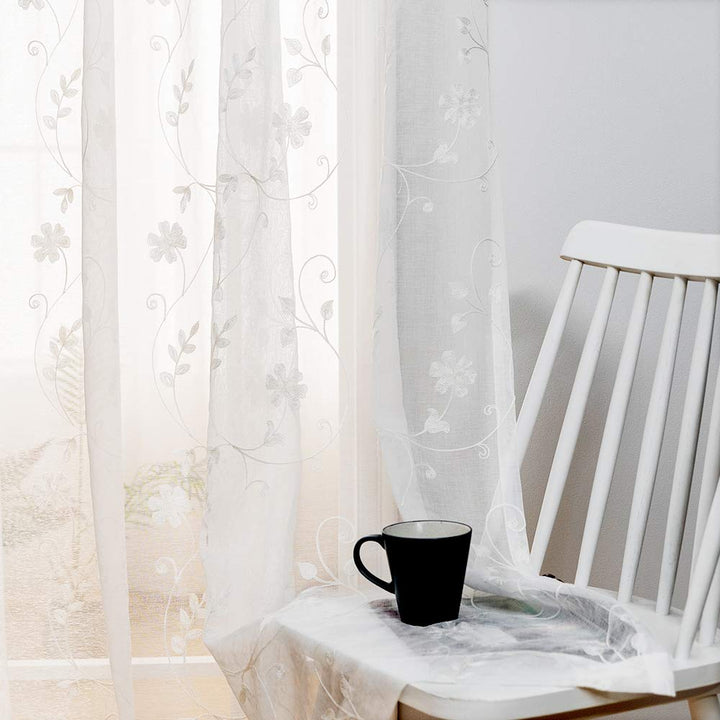 Transparente Vorhänge Mit Blumenstickerei, 114 cm Länge, Stangentasche, Voile für Wohnzimmer, Schlaf