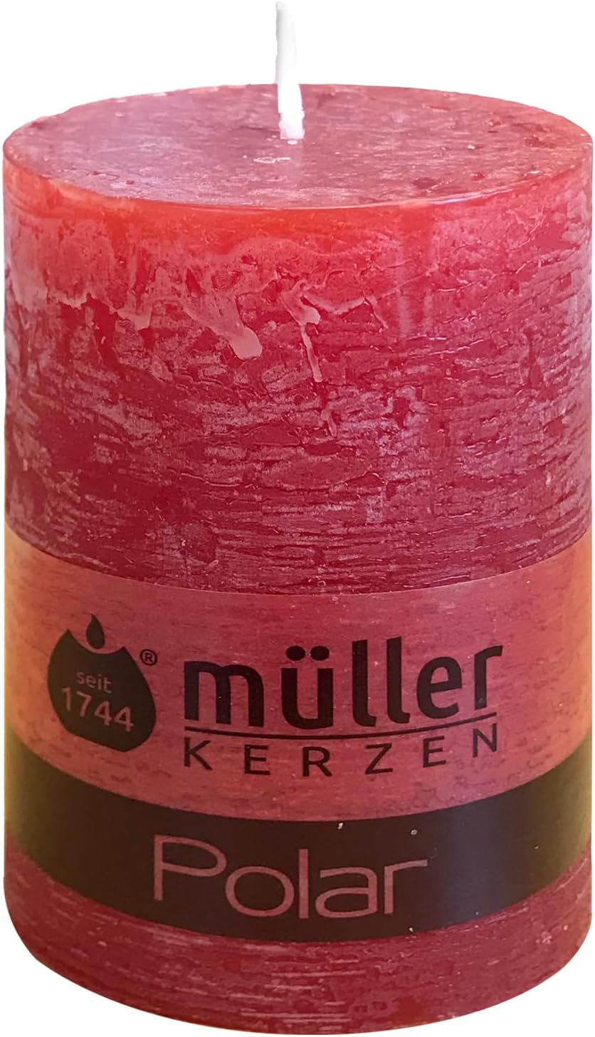 Müller Kerzen POLAR Stumpenkerzen mit Raureif-Effekt - Set mit 4 Rustikale Kerzen - Rot - 68 x 100 m