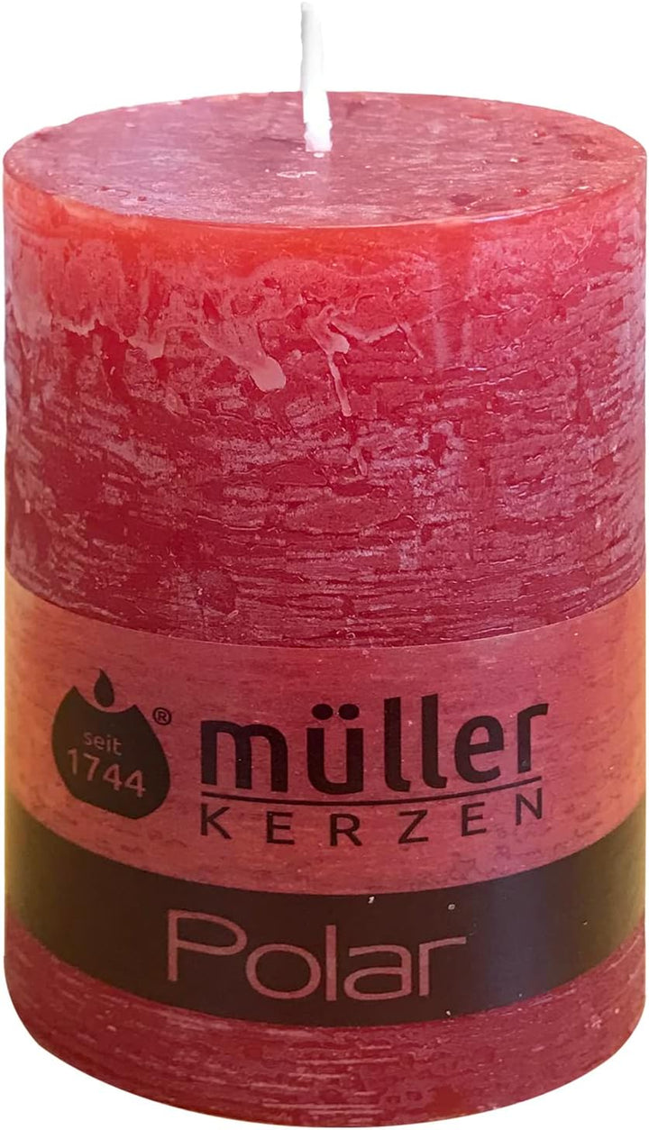 Müller Kerzen POLAR Stumpenkerzen mit Raureif-Effekt - Set mit 4 Rustikale Kerzen - Rot - 68 x 100 m