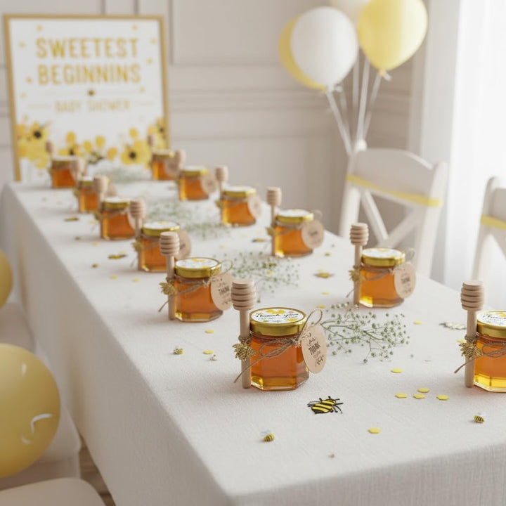 Ahhute 20er-Pack 1,5 oz Sechseckige Mini Honigglas mit Honiglöffel, Goldenen Deckeln, Bienenanhänger