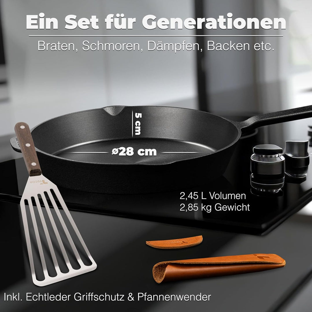 TECOR Gusseisenpfanne Induktion 28 cm geschliffen, universell, natürlich - Langlebige Pfanne Gusseis