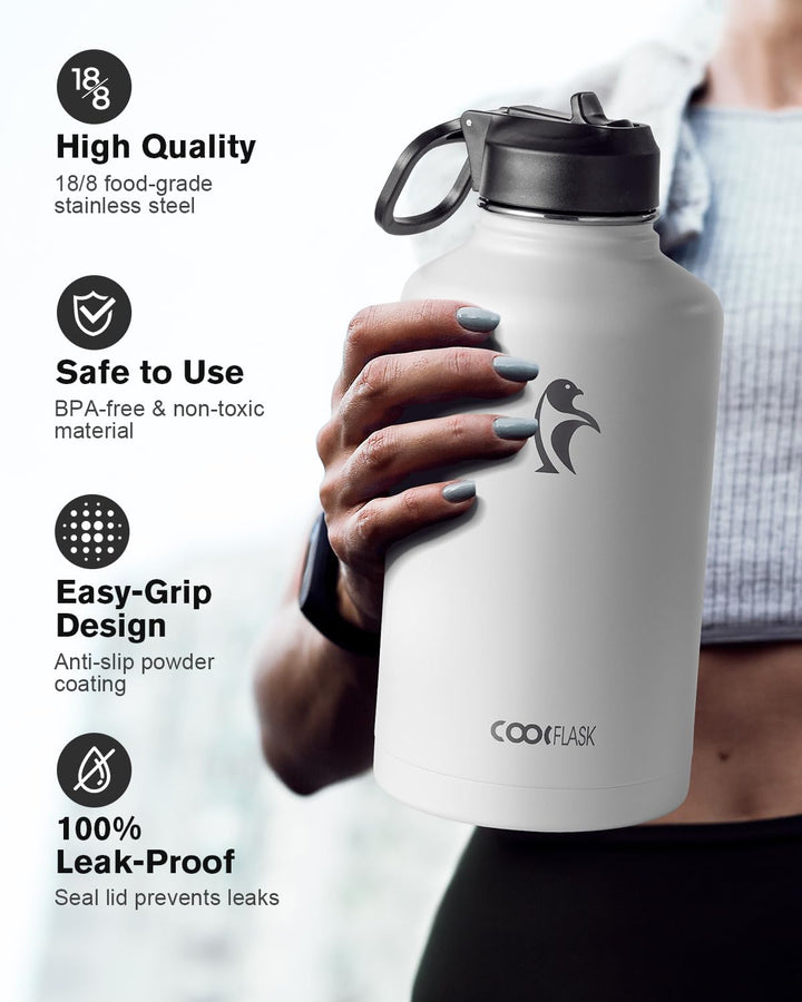 Coolflask Isolierte Wasserflasche mit Strohhalm und 3 Deckeln, 1,8 l Wasserkrug, grosser Metall-Edel