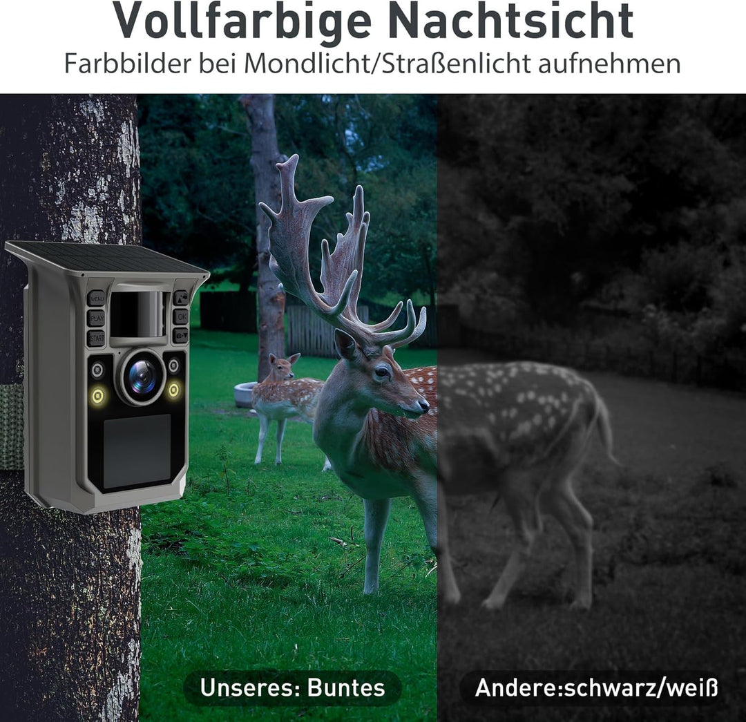 Wildkamera mit Handyübertragung APP, Solar WLAN 4K HD Video 64MP Eingebaute 7500mAh Wiederaufladbare