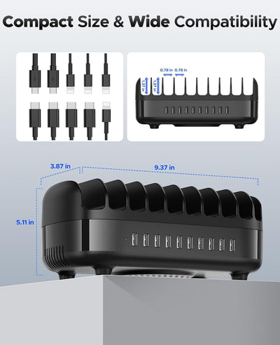 ORICO 120W Ladestation für Mehrere Geräte, Neues Upgrade 10 Ports Smart USB Ladestation mit Kühlvent