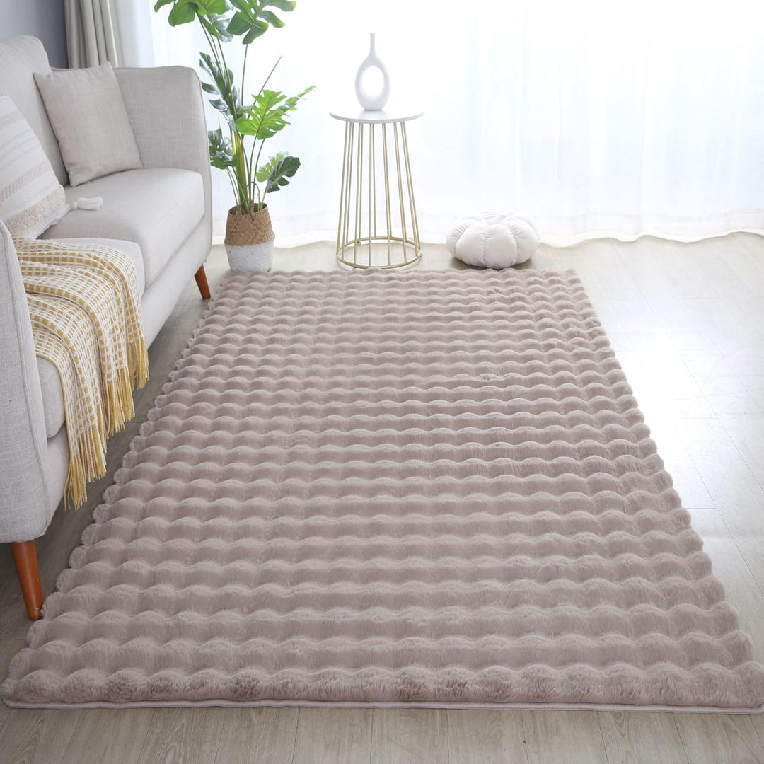 Carpetsale24 Teppich Läufer 80x150cm Beige, Flauschiger Kunstfell Teppich in Felloptik mit Hoch-Tief