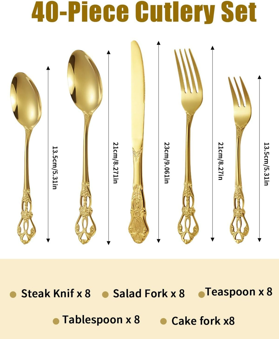 Besteck Set, 40-teilig Besteckset für 8 Personen, Edelstahl Poliert Essbesteck, Elegantes Besteck mi